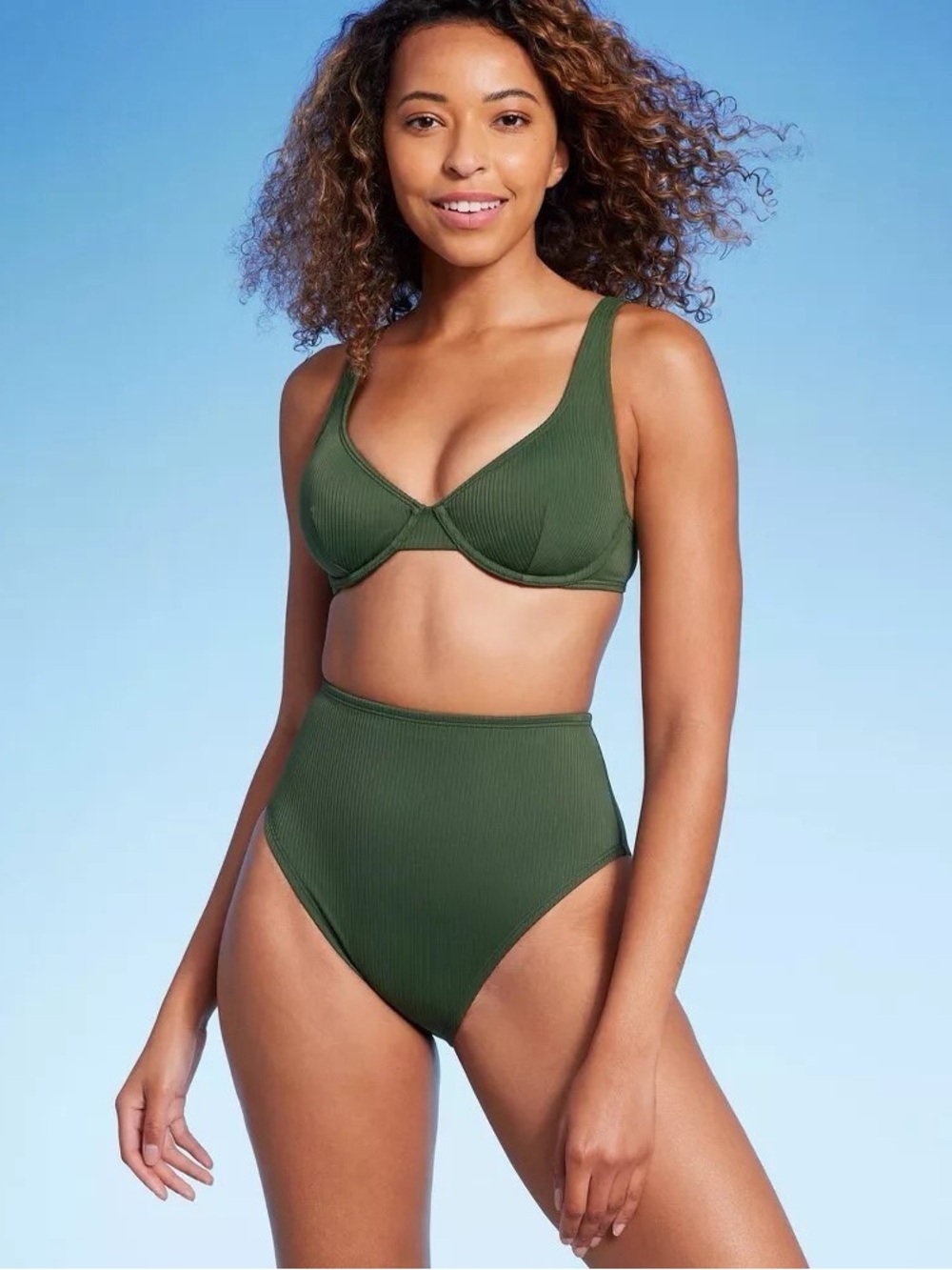 Shade & Shore Olive Ribbed Underwire High-Waist Bikini Top and Bottom Set